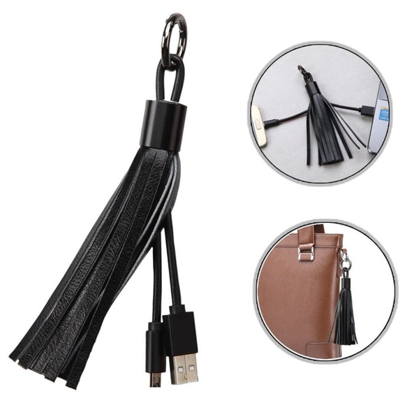 (3 PACK) Black Leather Tassel Keychain iPhone iPad Lightning USB Cable - Picture 6 of 7